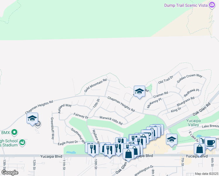 map of restaurants, bars, coffee shops, grocery stores, and more near 33411 Miners Drive in Yucaipa
