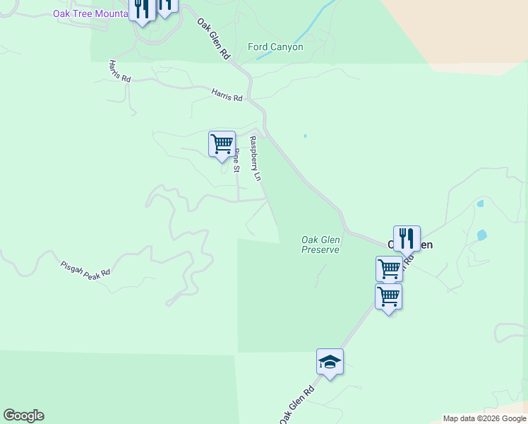 map of restaurants, bars, coffee shops, grocery stores, and more near 39351 Raspberry Court in Oak Glen