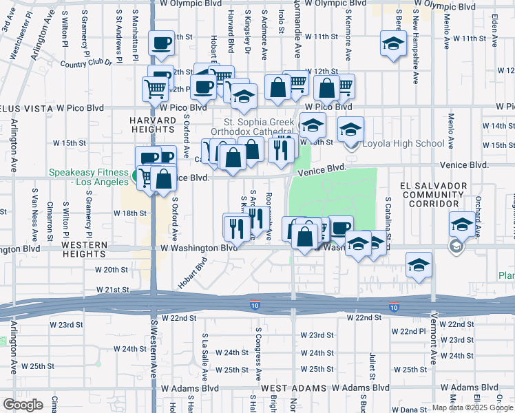 map of restaurants, bars, coffee shops, grocery stores, and more near South Ardmore Avenue in Los Angeles