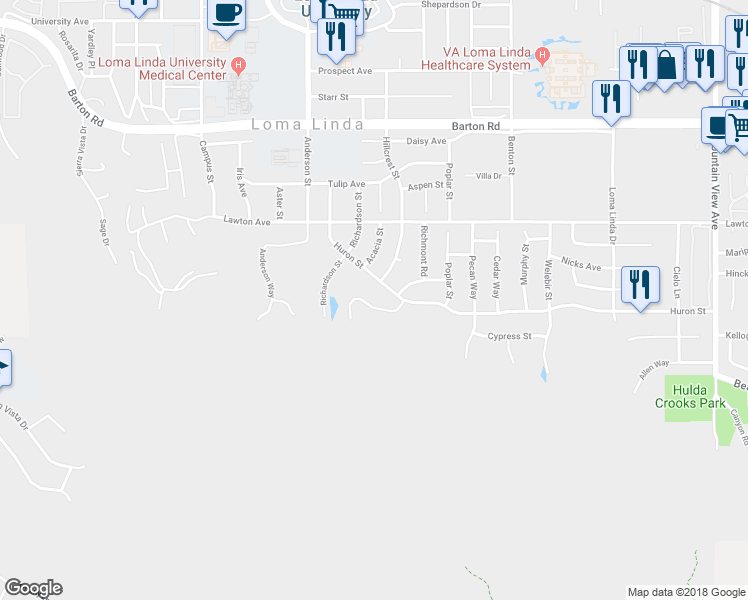 map of restaurants, bars, coffee shops, grocery stores, and more near 25044 Crestview Drive in Loma Linda