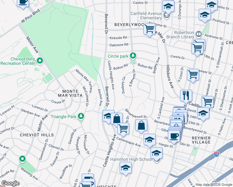map of restaurants, bars, coffee shops, grocery stores, and more near 2408 Castle Heights Avenue in Los Angeles