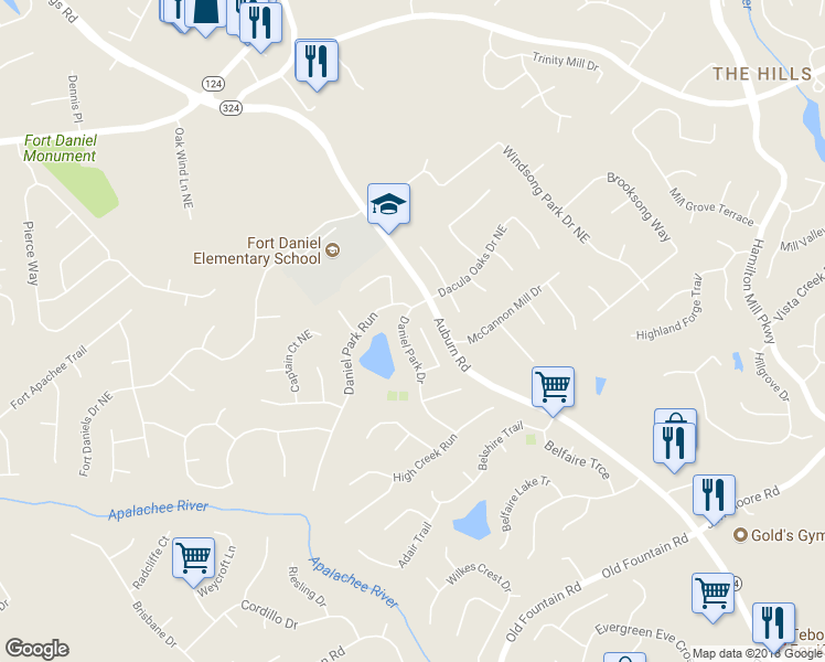 map of restaurants, bars, coffee shops, grocery stores, and more near 1642 Rocky Trail Lane in Dacula