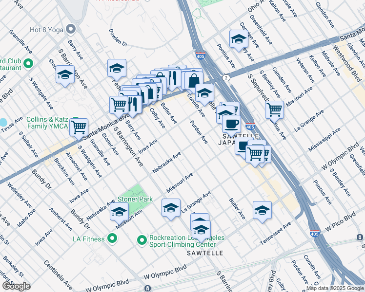 map of restaurants, bars, coffee shops, grocery stores, and more near 1748 Colby Avenue in Los Angeles