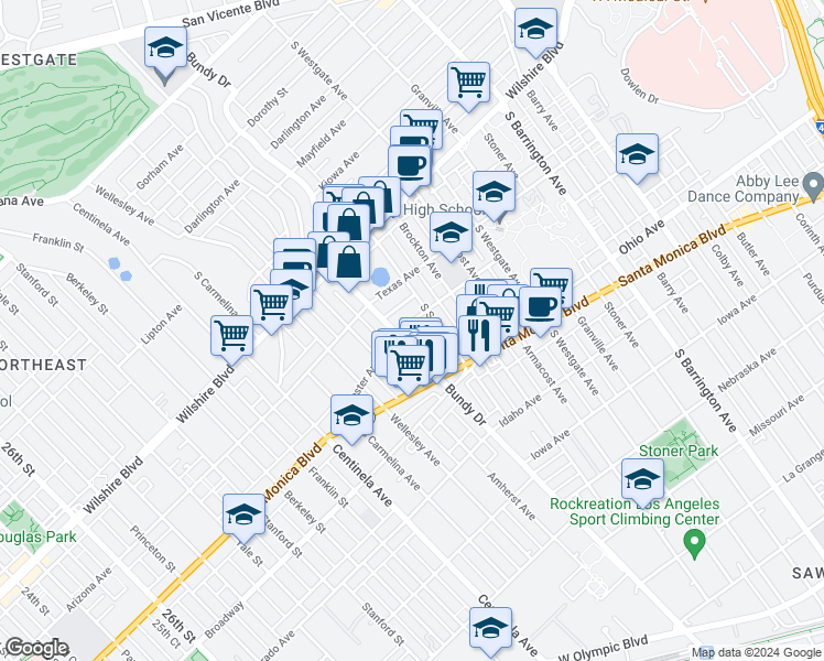map of restaurants, bars, coffee shops, grocery stores, and more near 12030 Rochester Avenue in Los Angeles