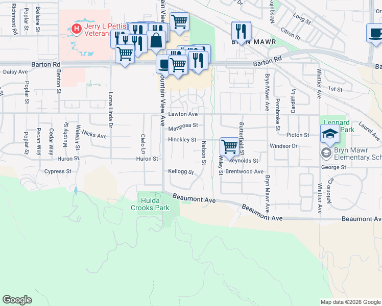 map of restaurants, bars, coffee shops, grocery stores, and more near 11631 Largo Court in Loma Linda