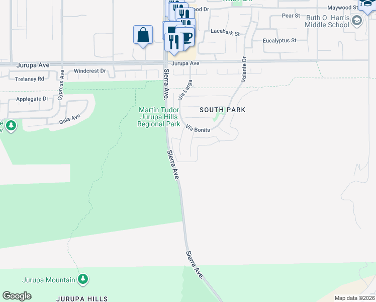 map of restaurants, bars, coffee shops, grocery stores, and more near 11632 Vía Montana in Fontana
