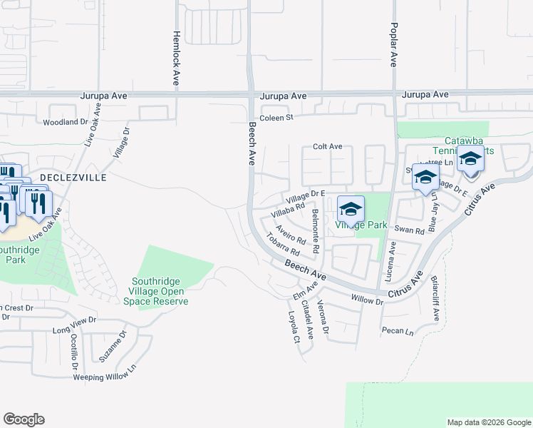 map of restaurants, bars, coffee shops, grocery stores, and more near 15326 Bolero Drive in Fontana