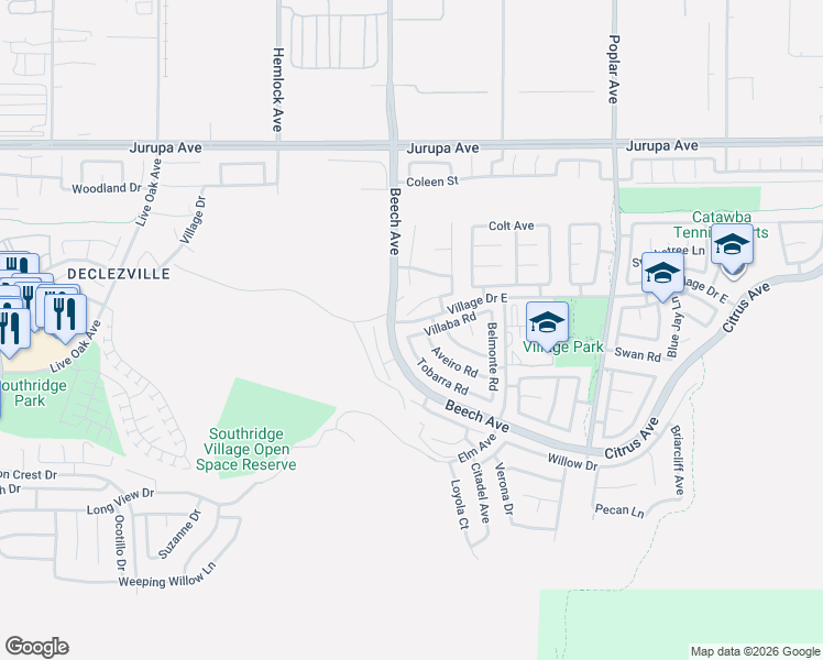 map of restaurants, bars, coffee shops, grocery stores, and more near 15326 Bolero Drive in Fontana