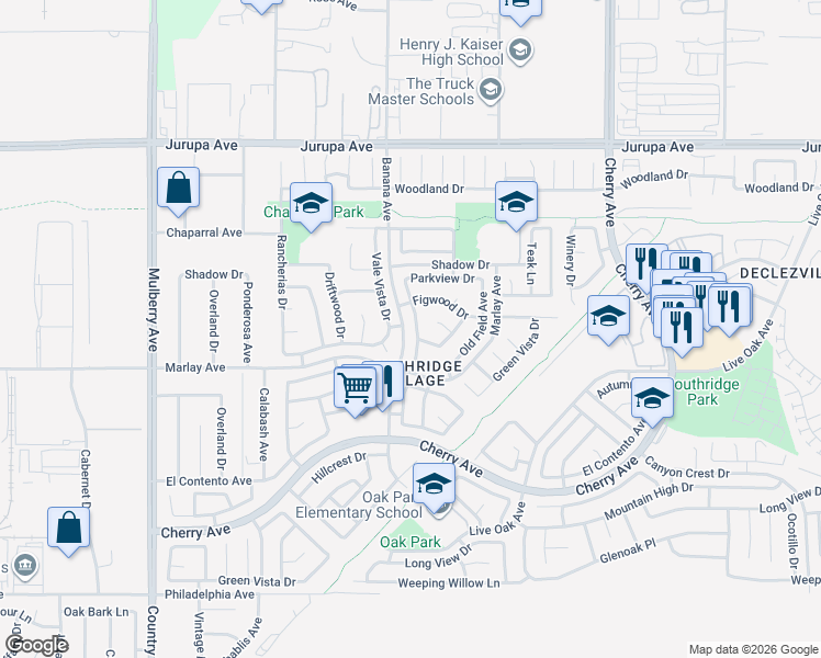 map of restaurants, bars, coffee shops, grocery stores, and more near 11609 Fernwood Avenue in Fontana