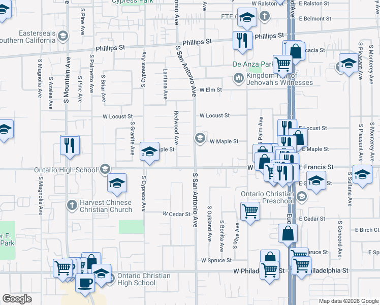 map of restaurants, bars, coffee shops, grocery stores, and more near 629 West Medallion Court in Ontario