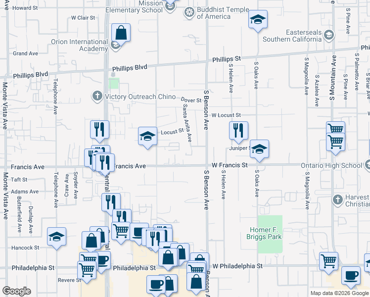 map of restaurants, bars, coffee shops, grocery stores, and more near 11588 Santa Anita Avenue in Chino