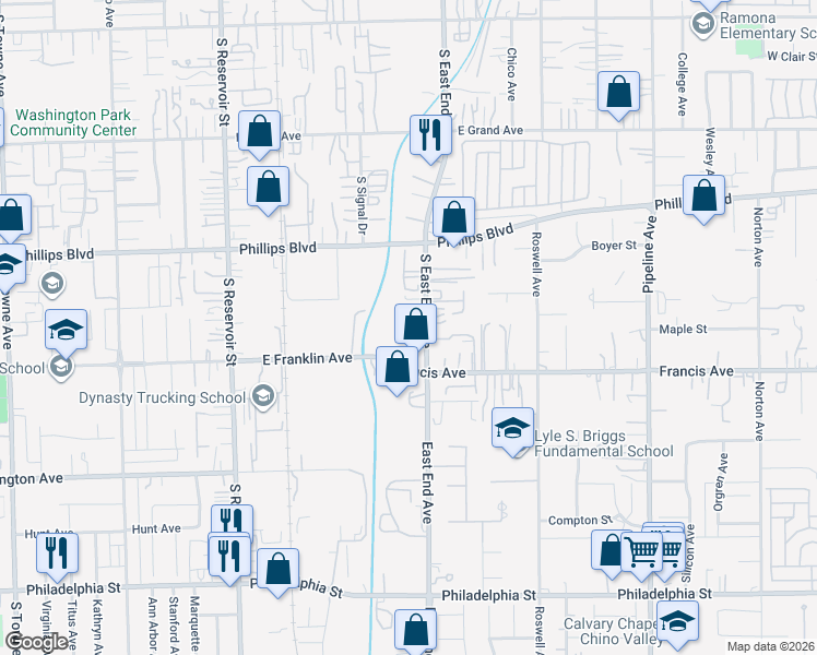 map of restaurants, bars, coffee shops, grocery stores, and more near 11587 South East End Avenue in Chino