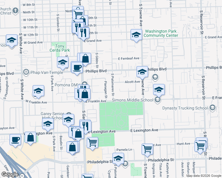 map of restaurants, bars, coffee shops, grocery stores, and more near 1607 South Palomares Street in Pomona