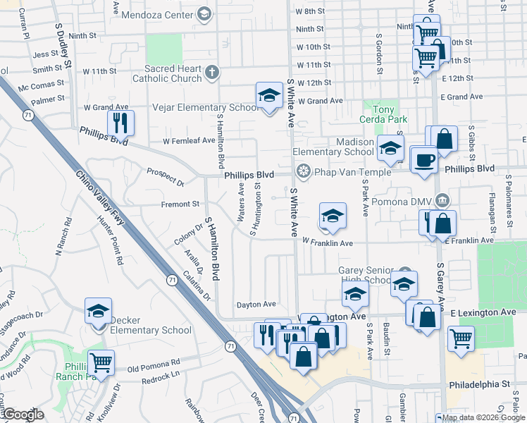 map of restaurants, bars, coffee shops, grocery stores, and more near 1574 South Huntington Street in Pomona