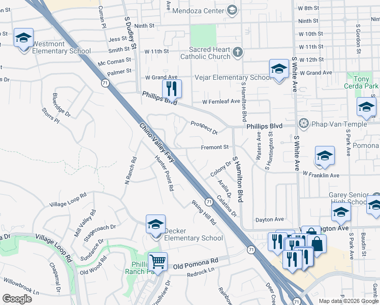 map of restaurants, bars, coffee shops, grocery stores, and more near 1333 Fremont Street in Pomona