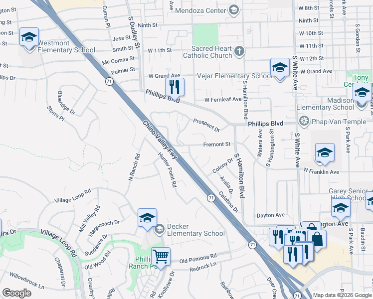 map of restaurants, bars, coffee shops, grocery stores, and more near 1333 Fremont Street in Pomona