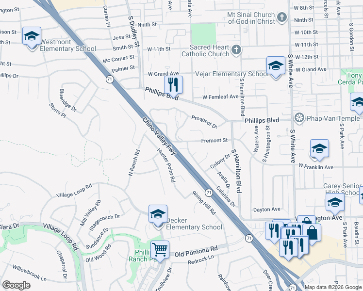 map of restaurants, bars, coffee shops, grocery stores, and more near 1333 Fremont Street in Pomona