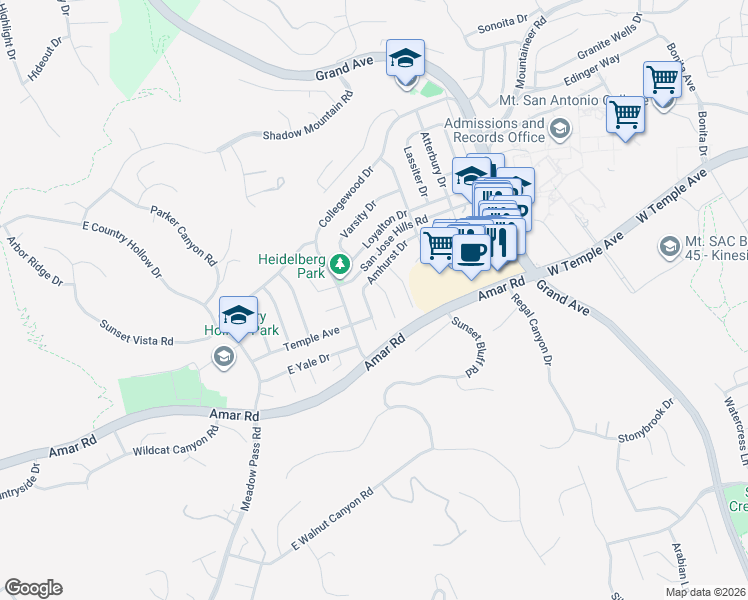 map of restaurants, bars, coffee shops, grocery stores, and more near 1352 Amhurst Drive in Walnut
