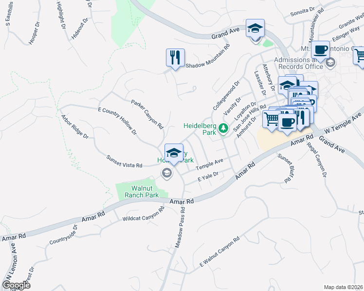 map of restaurants, bars, coffee shops, grocery stores, and more near 1379 Wesleyan Avenue in Walnut