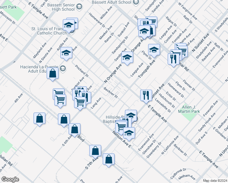 map of restaurants, bars, coffee shops, grocery stores, and more near 534 League Avenue in La Puente