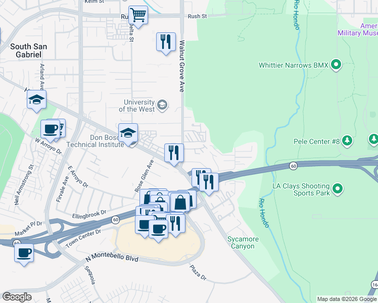 map of restaurants, bars, coffee shops, grocery stores, and more near 1116 Walnut Grove Avenue in Rosemead