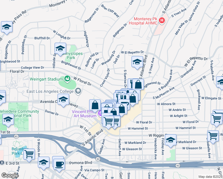 map of restaurants, bars, coffee shops, grocery stores, and more near 1155 College View Drive in Monterey Park
