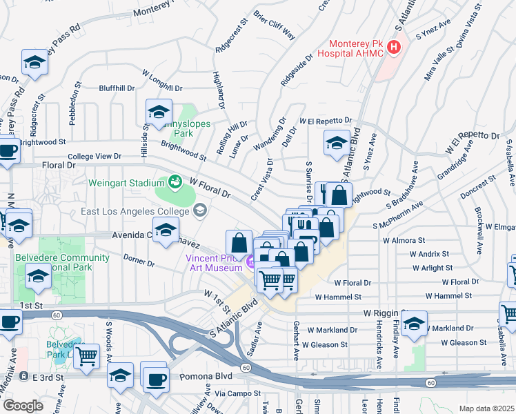 map of restaurants, bars, coffee shops, grocery stores, and more near 1155 College View Drive in Monterey Park