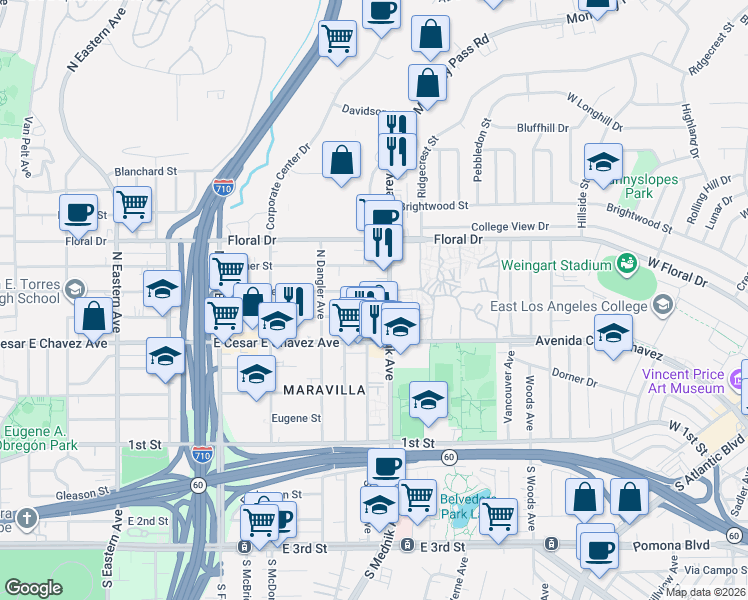 map of restaurants, bars, coffee shops, grocery stores, and more near 4773 East Hammel Street in Los Angeles