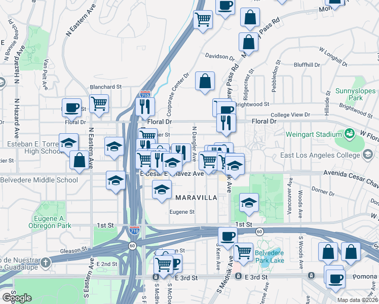map of restaurants, bars, coffee shops, grocery stores, and more near 4645 East Hammel Street in East Los Angeles