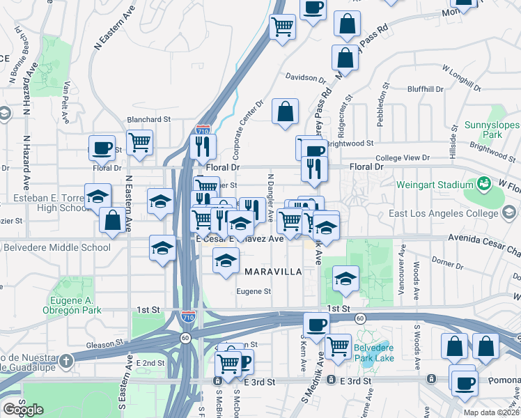map of restaurants, bars, coffee shops, grocery stores, and more near 4645 East Hammel Street in East Los Angeles