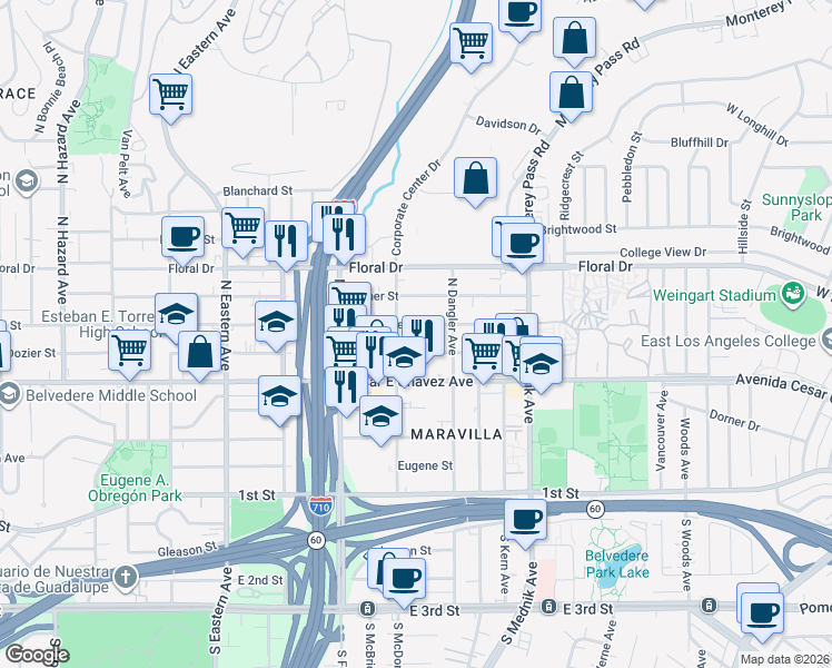 map of restaurants, bars, coffee shops, grocery stores, and more near 510 North McDonnell Avenue in East Los Angeles