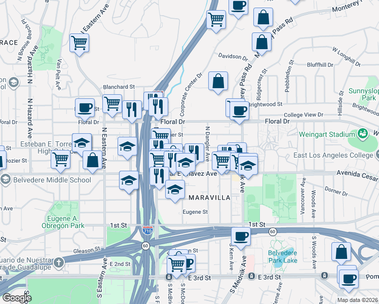 map of restaurants, bars, coffee shops, grocery stores, and more near 510 North McDonnell Avenue in East Los Angeles
