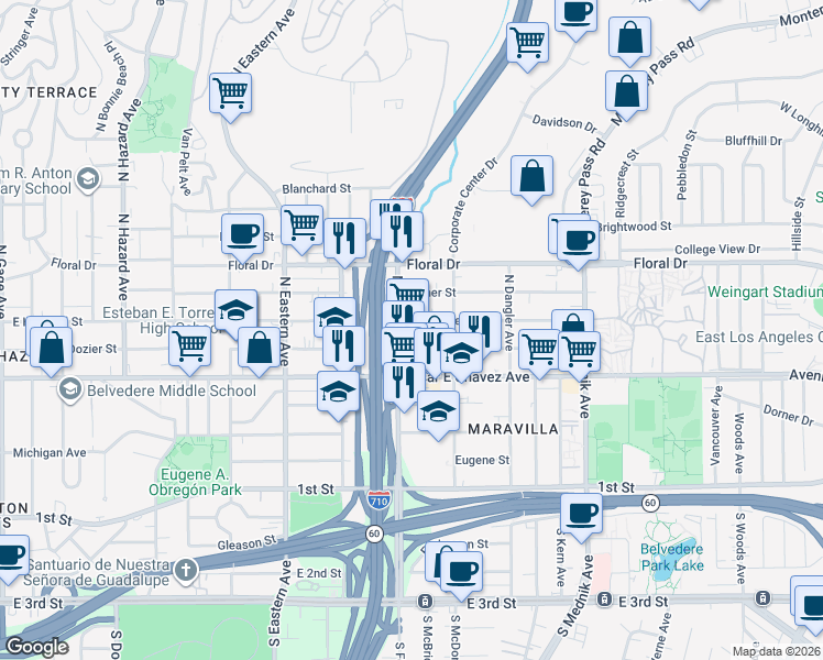 map of restaurants, bars, coffee shops, grocery stores, and more near 4527 East Hammel Street in East Los Angeles
