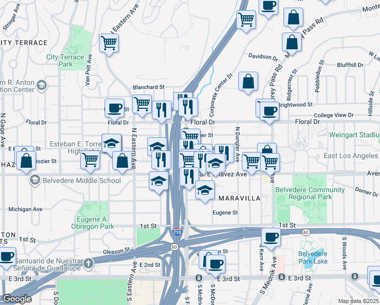 map of restaurants, bars, coffee shops, grocery stores, and more near 4527 East Hammel Street in East Los Angeles