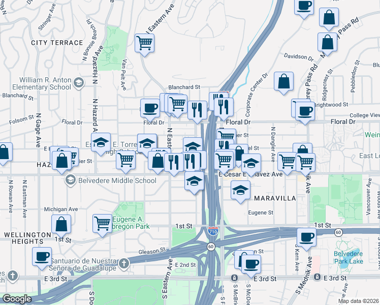 map of restaurants, bars, coffee shops, grocery stores, and more near 4361 East Hammel Street in East Los Angeles