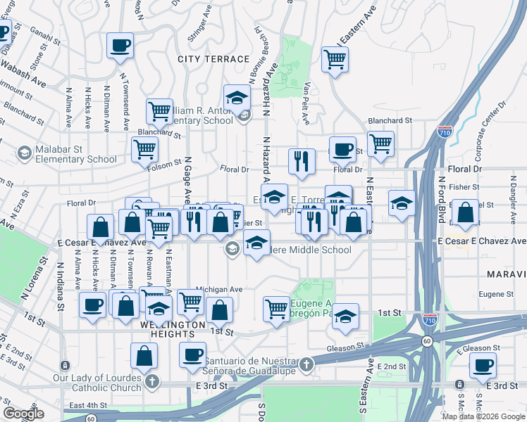 map of restaurants, bars, coffee shops, grocery stores, and more near in East Los Angeles