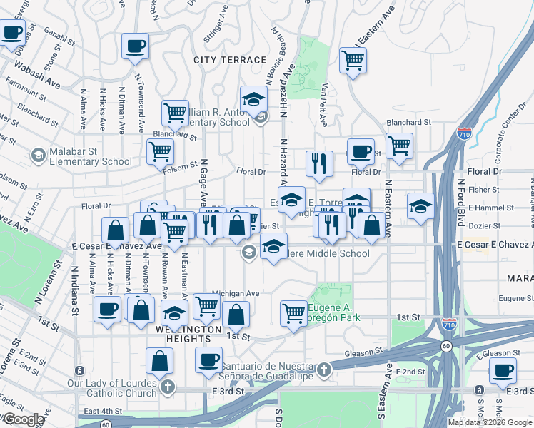 map of restaurants, bars, coffee shops, grocery stores, and more near in East Los Angeles