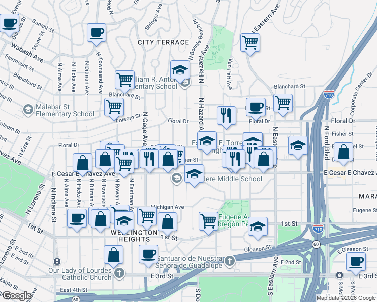 map of restaurants, bars, coffee shops, grocery stores, and more near in East Los Angeles