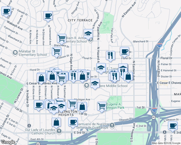 map of restaurants, bars, coffee shops, grocery stores, and more near 3905 East Hammel Street in Los Angeles