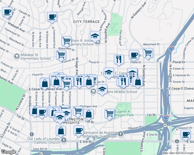 map of restaurants, bars, coffee shops, grocery stores, and more near 3905 East Hammel Street in Los Angeles