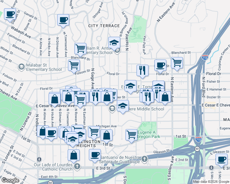 map of restaurants, bars, coffee shops, grocery stores, and more near 3905 East Hammel Street in Los Angeles
