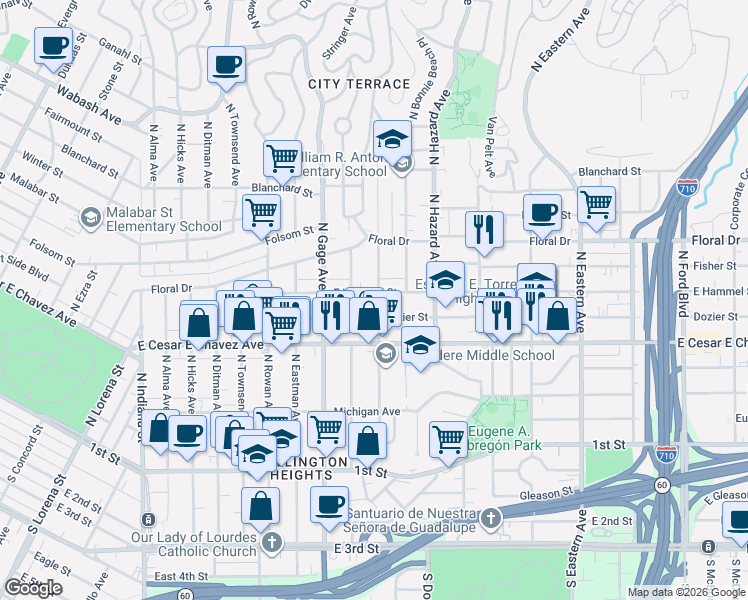 map of restaurants, bars, coffee shops, grocery stores, and more near 3905 East Hammel Street in Los Angeles
