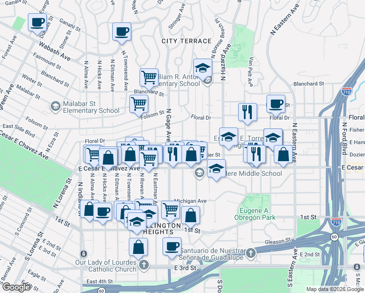 map of restaurants, bars, coffee shops, grocery stores, and more near 3831 East Hammel Street in Los Angeles