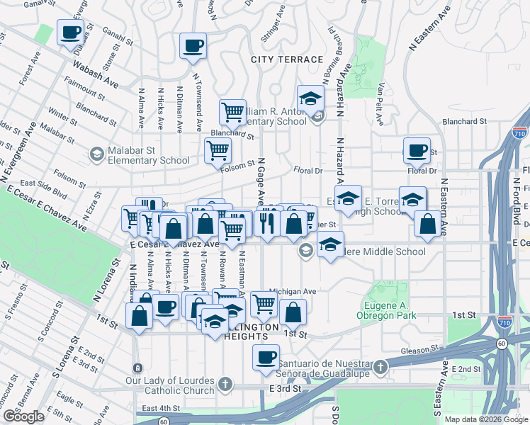 map of restaurants, bars, coffee shops, grocery stores, and more near 3759 East Hammel Street in Los Angeles