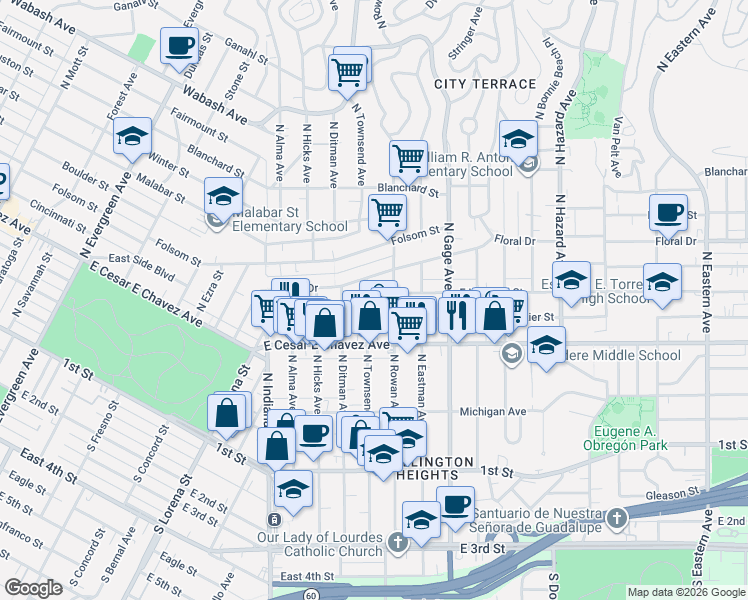 map of restaurants, bars, coffee shops, grocery stores, and more near 472 North Townsend Avenue in Los Angeles