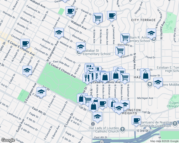 map of restaurants, bars, coffee shops, grocery stores, and more near 501 North Indiana Street in Los Angeles