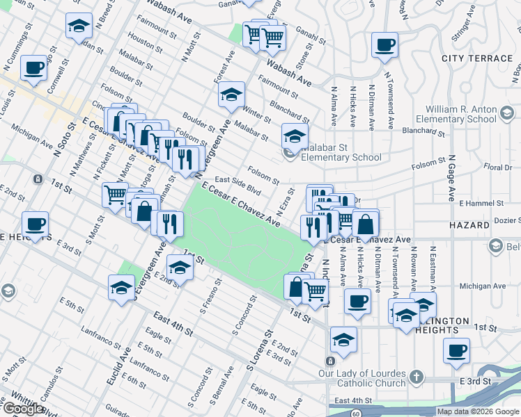 map of restaurants, bars, coffee shops, grocery stores, and more near 3141 East Cesar E Chavez Avenue in Los Angeles