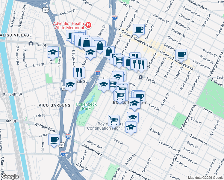 map of restaurants, bars, coffee shops, grocery stores, and more near 2107 East 4th Street in Los Angeles