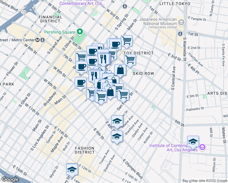 map of restaurants, bars, coffee shops, grocery stores, and more near 622 Wall Street in Los Angeles