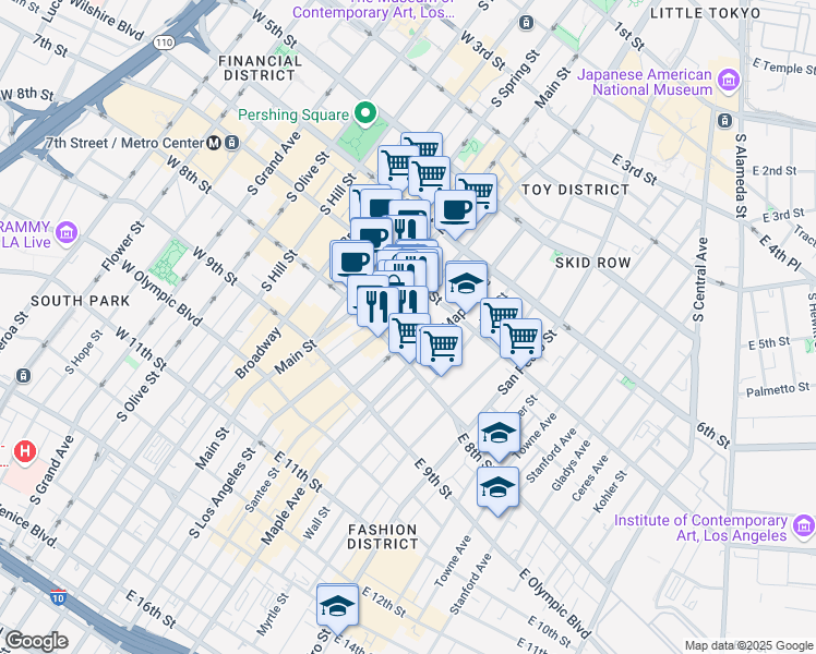 map of restaurants, bars, coffee shops, grocery stores, and more near 730 South Los Angeles Street in Los Angeles